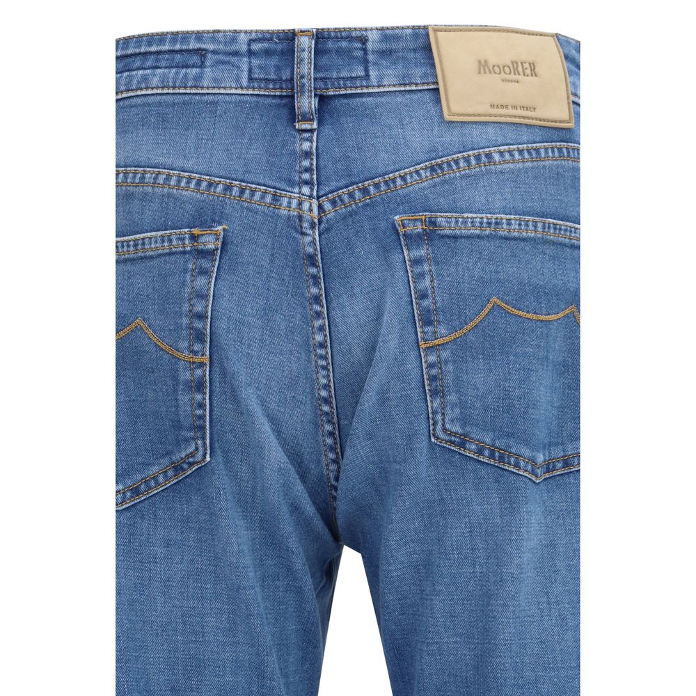Jeans by MooRER for men in stretch denim cotton blue features a polished silhouette with a polished straight-leg & regular-fit, reaching a polished long and finished with a polished .