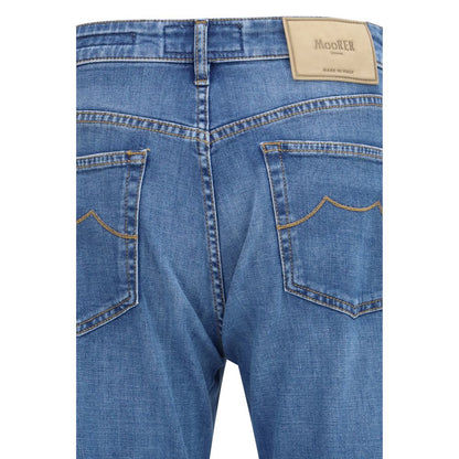 Jeans by MooRER for men in stretch denim cotton blue features a polished silhouette with a polished straight-leg & regular-fit, reaching a polished long and finished with a polished .