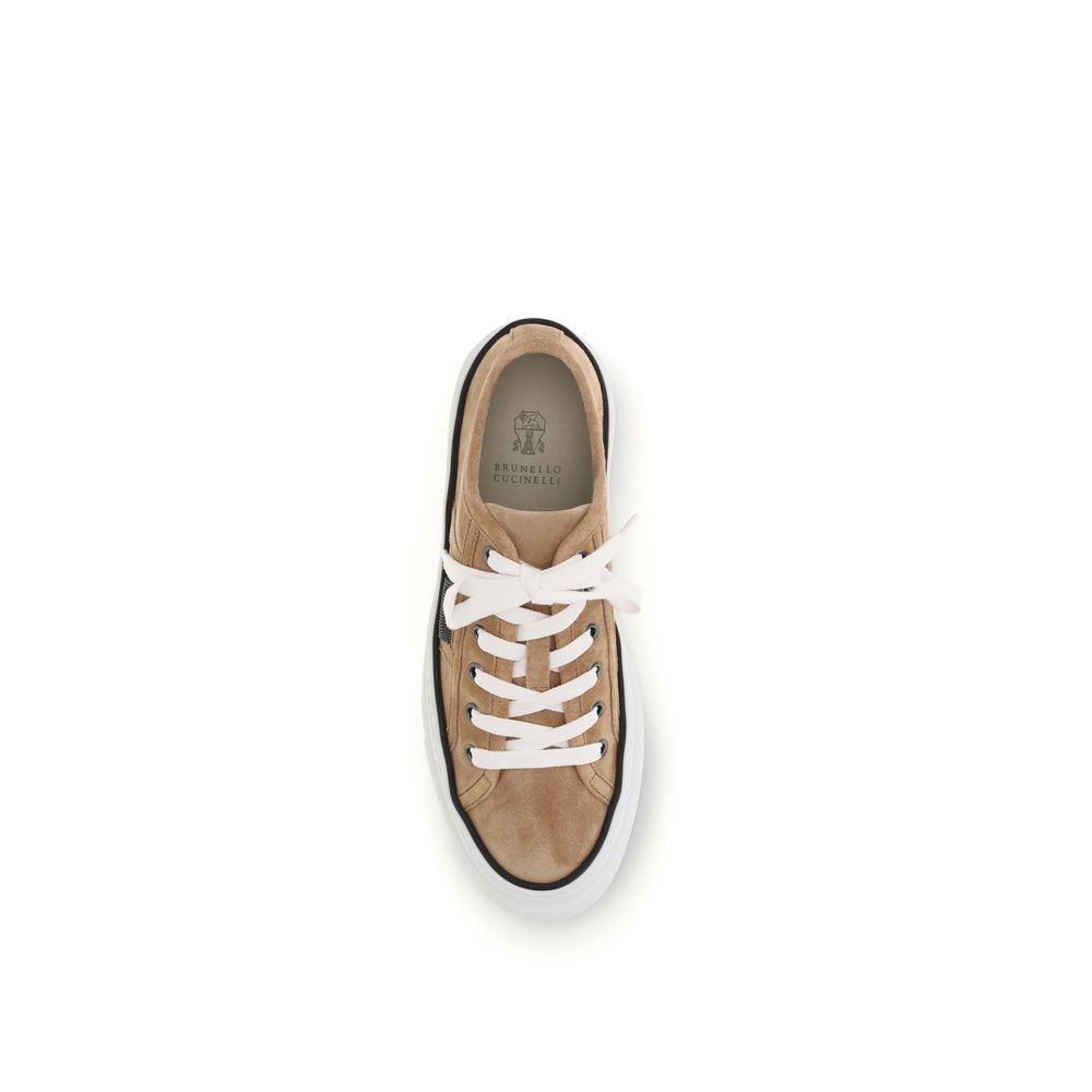Sneakers by Brunello Cucinelli for women in bos taurus suede calf leather beige features an fashionable silhouette, showcasing the premium Women's Low Top Bos Taurus Suede Calf Leather Sneakers in a fashionable low-top style that offers a fashionable finish for refined style.