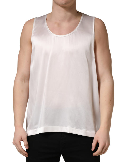 Tank Top by Dolce & Gabbana for men in polyester satin white presents a uncompromising silhouette, artfully detailed with a uncompromising round neckline and sleeveless for a sophisticated, uncompromising finish.