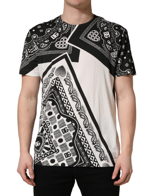 Dolce & Gabbana Men's Regular Fit Short-Sleeve Crew Neck Cotton T-Shirt - Black White Patterned