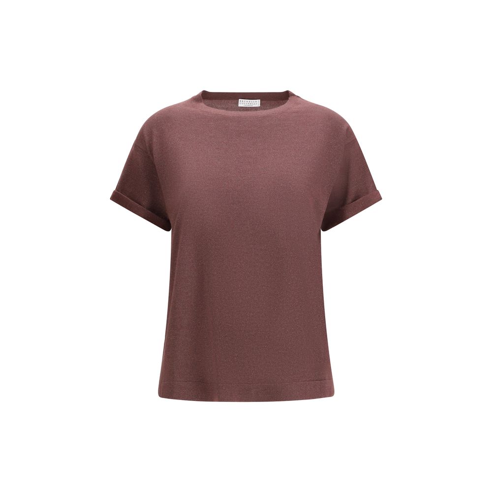 T-Shirt by Brunello Cucinelli for women in nylon polyester cashmere & capra leather bordeaux features a plush silhouette, showcasing a sophisticated crew neckline and for a truly plush finish.