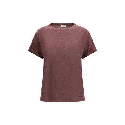 T-Shirt by Brunello Cucinelli for women in nylon polyester cashmere & capra leather bordeaux features a plush silhouette, showcasing a sophisticated crew neckline and for a truly plush finish.