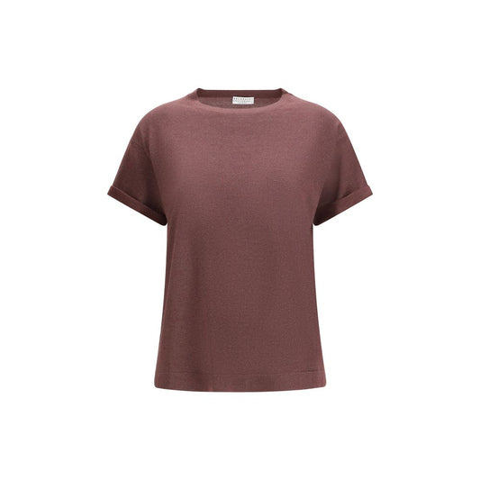 T-Shirt by Brunello Cucinelli for women in nylon polyester cashmere & capra leather bordeaux features a plush silhouette, showcasing a sophisticated crew neckline and for a truly plush finish.