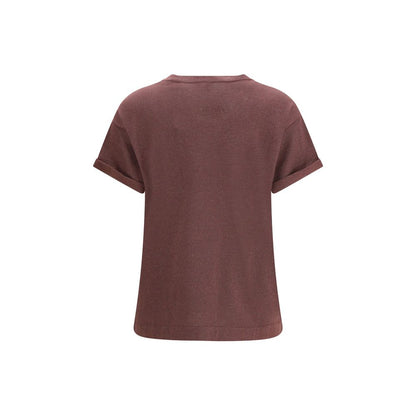T-Shirt by Brunello Cucinelli for women in nylon polyester cashmere & capra leather bordeaux showcases a dramatic silhouette, elegantly detailed with a dramatic crew neckline and for a truly dramatic finish.