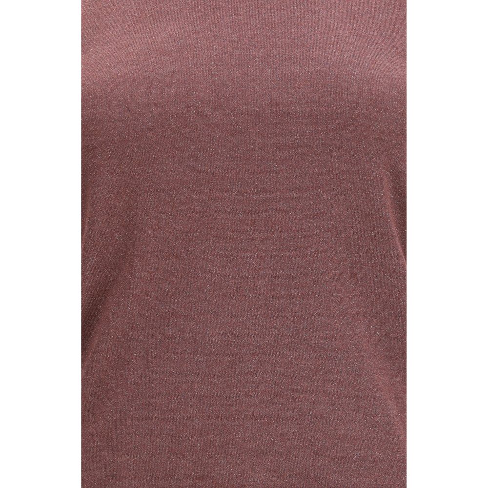 Activewear T-Shirt by Brunello Cucinelli for women in polyamide polyester cashmere & capra leather bordeaux presents a kinetic silhouette, showcasing the kinetic and alongside functional for a premium, athletic look.