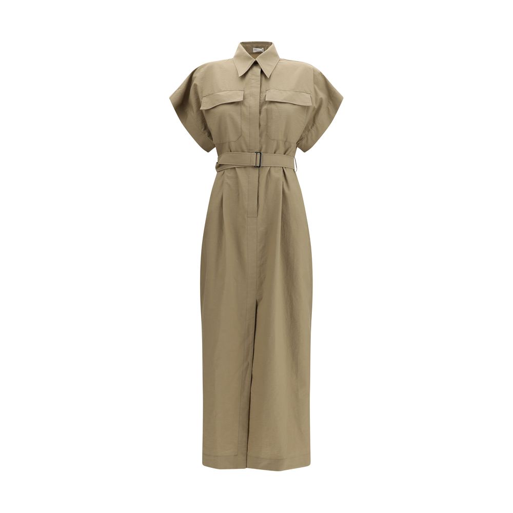 Dress by Brunello Cucinelli for women in polyamide cotton beige showcases a striking silhouette, elegantly detailed with a short-sleeve, refined , and a striking midi short for a striking finish.