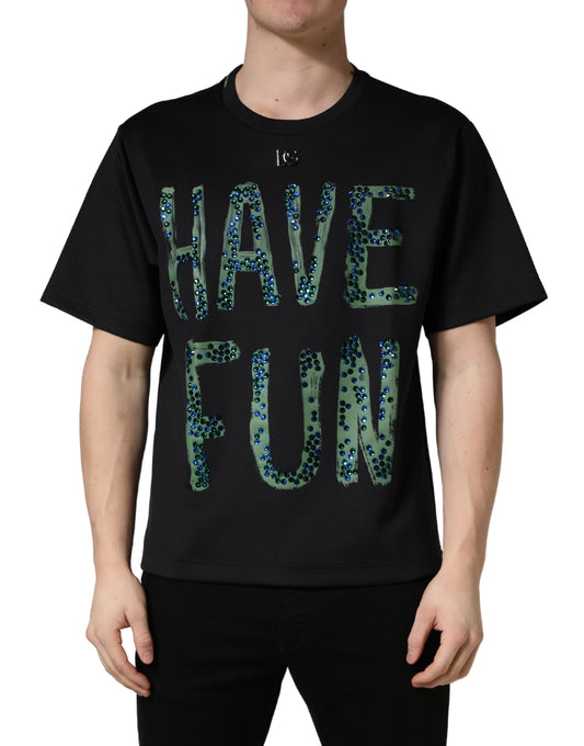 Dolce & Gabbana Men's Regular Fit Short-Sleeve Crew Neck Stretch Polyester T-Shirt - Black Patterned