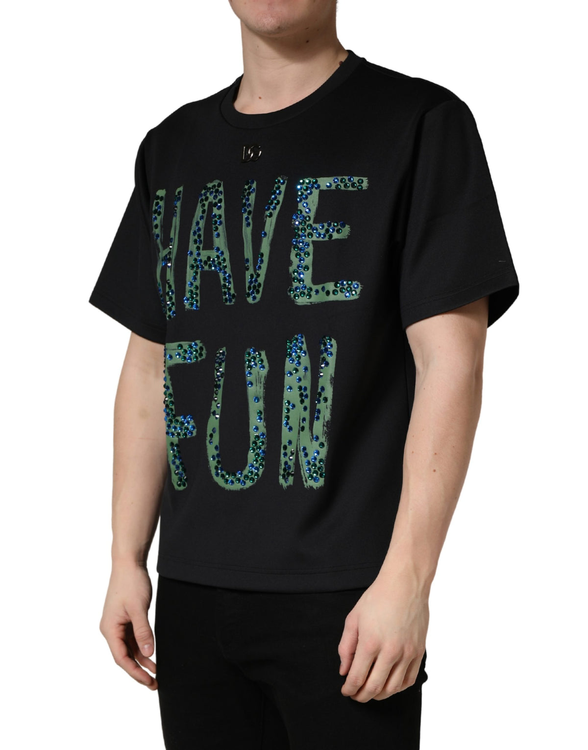 Dolce & Gabbana Men's Regular Fit Short-Sleeve Crew Neck Stretch Polyester T-Shirt - Black Patterned