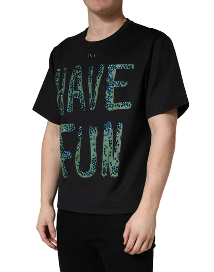 Dolce & Gabbana Men's Regular Fit Short-Sleeve Crew Neck Stretch Polyester T-Shirt - Black Patterned