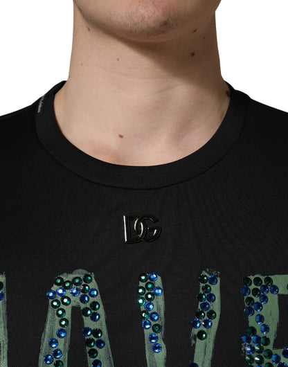Dolce & Gabbana Men's Regular Fit Short-Sleeve Crew Neck Stretch Polyester T-Shirt - Black Patterned
