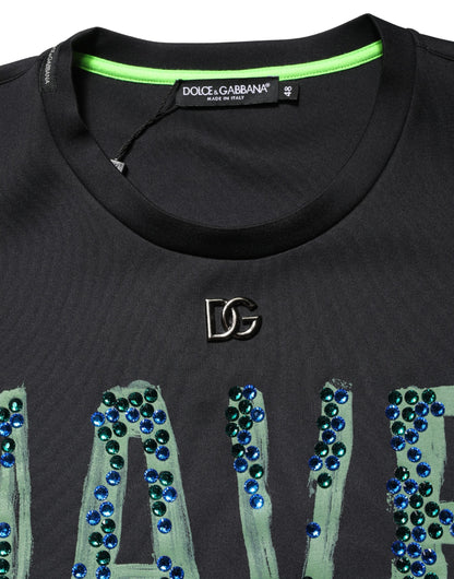 Dolce & Gabbana Men's Regular Fit Short-Sleeve Crew Neck Stretch Polyester T-Shirt - Black Patterned