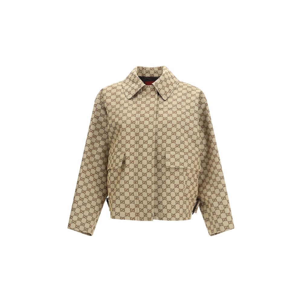 Bomber Jacket by Gucci for women in cotton canvas beige, patterned & signature features an contemporary silhouette, showcasing a sophisticated and contemporary pockets for a truly refined look.
