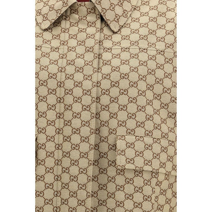 Bomber Jacket by Gucci for women in cotton canvas beige, patterned & signature showcases a bohemian silhouette, artfully detailed with a bohemian and signature pockets for a truly bohemian finish.