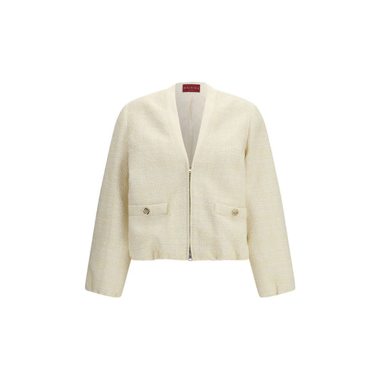 Windbreaker Jacket by Gucci for women in cotton nylon tweed & wool beige & signature showcases a urban chic silhouette, detailed with a urban chic v-neck neckline and functional pockets & windproof for a polished finish.