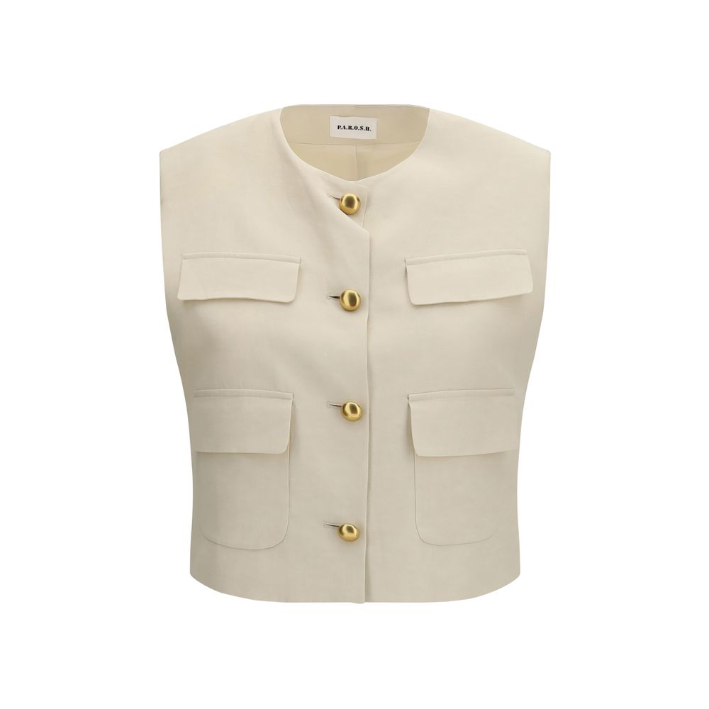 Vest by P.A.R.O.S.H. for women in wool beige & gold features a chic silhouette, expertly detailed with a refined and premium pockets for a truly chic look.