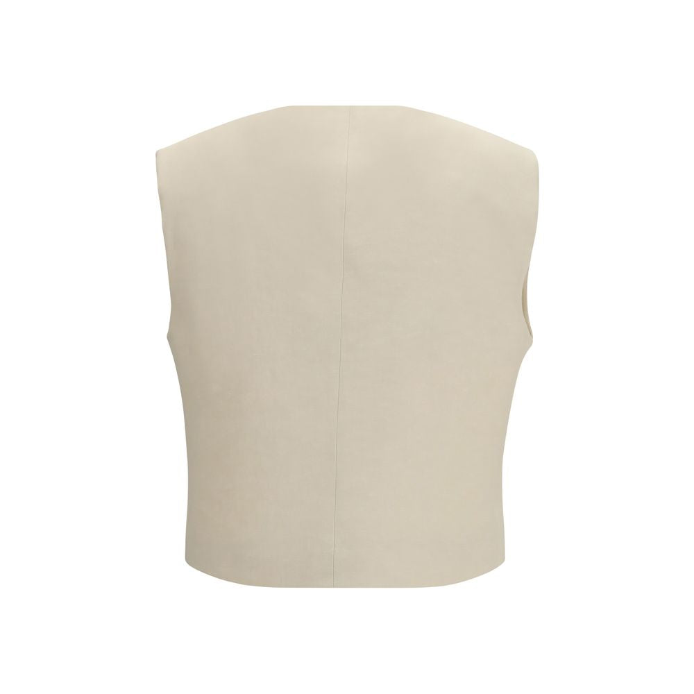 Vest by P.A.R.O.S.H. for women in wool beige & gold showcases a dynamic silhouette, perfectly balancing pockets with a dynamic for a sophisticated, high-fashion look.