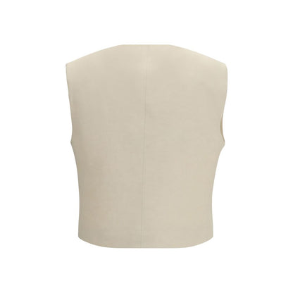 Vest by P.A.R.O.S.H. for women in wool beige & gold showcases a dynamic silhouette, perfectly balancing pockets with a dynamic for a sophisticated, high-fashion look.