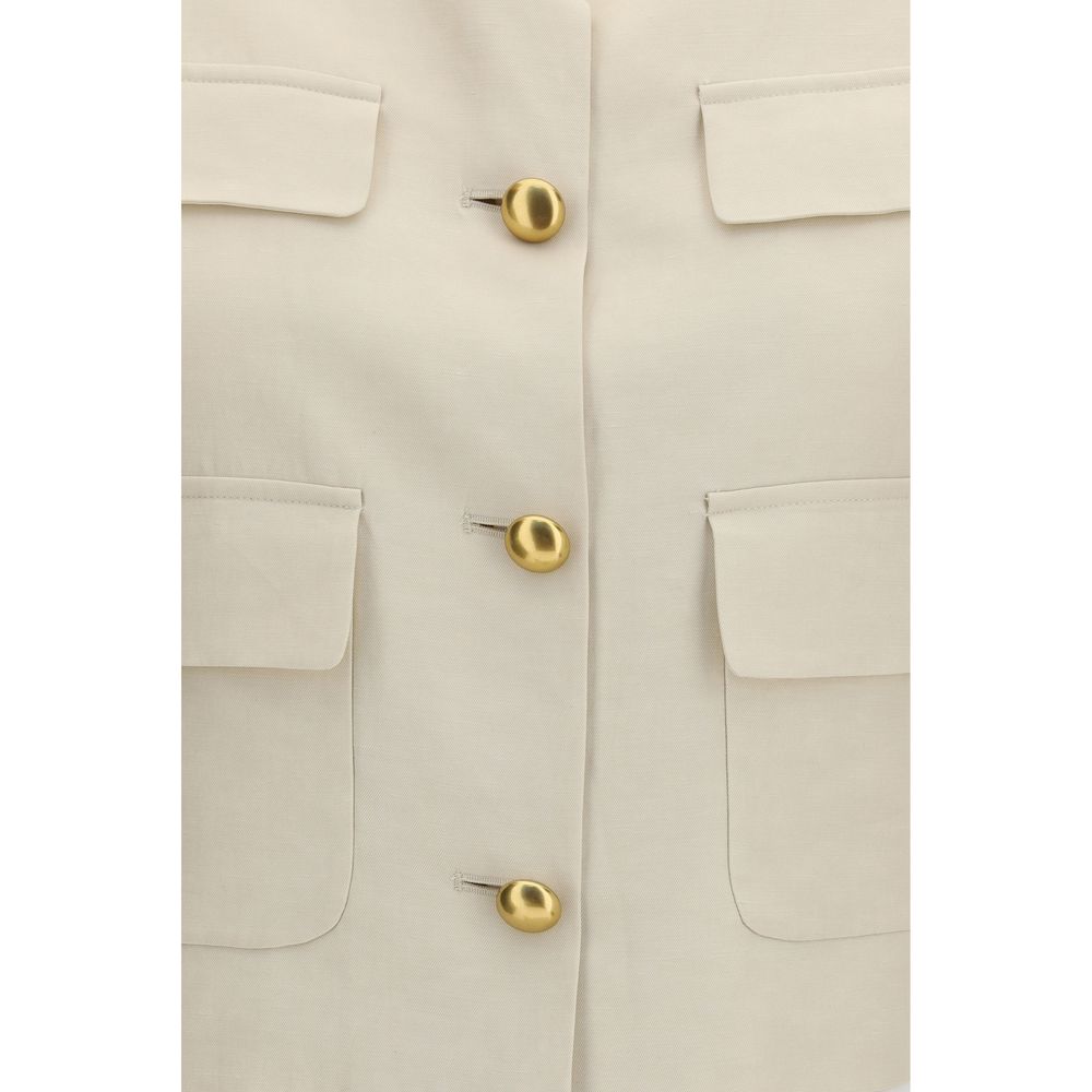 Vest by P.A.R.O.S.H. for women in wool beige & gold showcases a utilitarian silhouette, artfully incorporating pockets and a utilitarian for a truly utilitarian finish.