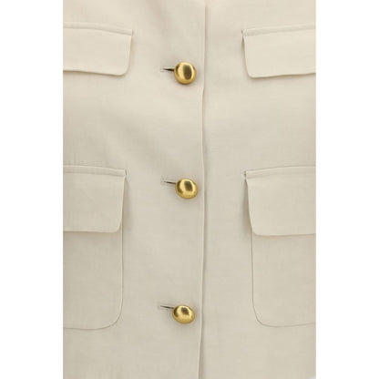 Vest by P.A.R.O.S.H. for women in wool beige & gold showcases a utilitarian silhouette, artfully incorporating pockets and a utilitarian for a truly utilitarian finish.