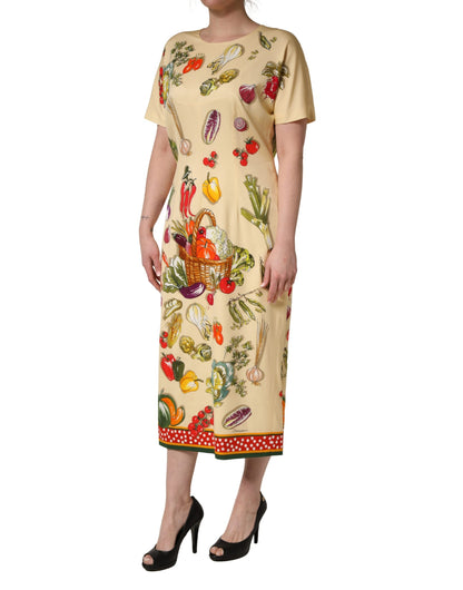 Dolce & Gabbana Women's Sheath Cocktail Short-Sleeve Calf Leather & Silk Midi Dress - Beige Patterned