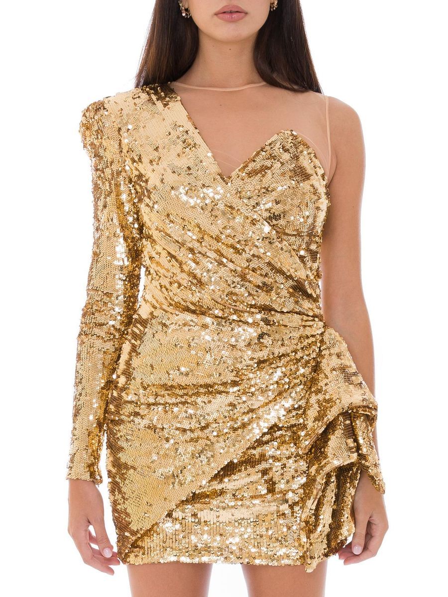 Dress by Elisabetta Franchi for women in polyamide sequins bicolour, gold & yellow presents a sinuous silhouette, showcasing a sophisticated and detailed with a sinuous short for a refined finish.