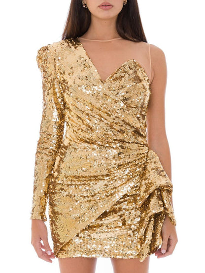 Dress by Elisabetta Franchi for women in polyamide sequins bicolour, gold & yellow presents a sinuous silhouette, showcasing a sophisticated and detailed with a sinuous short for a refined finish.