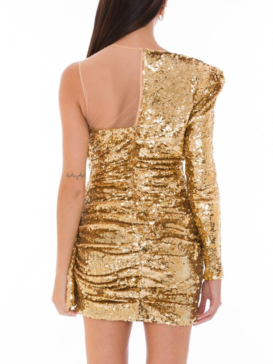 Dress by Elisabetta Franchi for women in polyamide sequins bicolour, gold & yellow showcases a striking silhouette, elegantly detailed with a , refined , and a striking short for a striking finish.