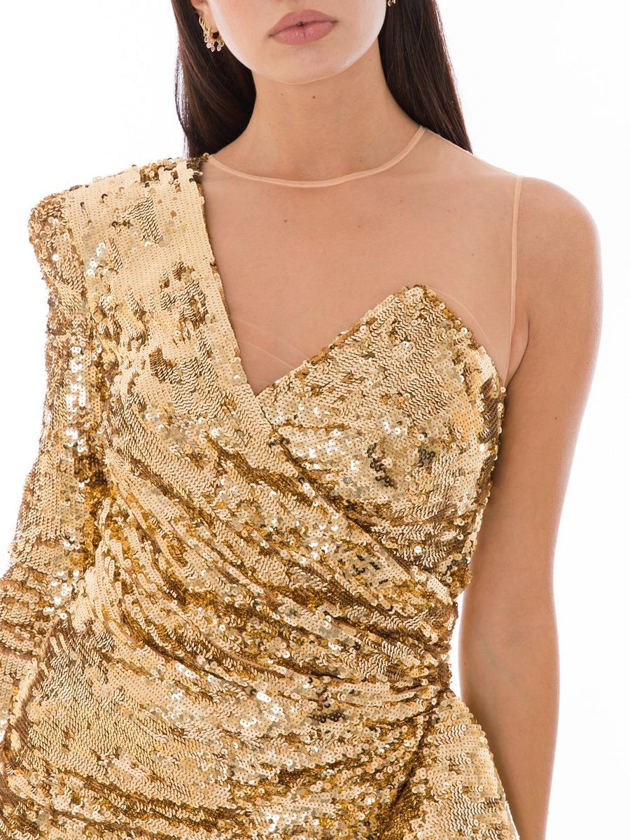 Dress by Elisabetta Franchi for women in polyamide sequins bicolour, gold & yellow features an sultry silhouette defined by a and , falling to an sultry short for a sultry look.