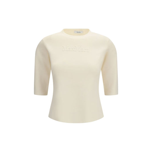 T-Shirt by Max Mara Pure for women in viscose & polyamide beige & cream showcases a fashionable silhouette, elegantly detailed with a fashionable three-quarter-sleeve and crew neckline for a sophisticated, high-fashion look.
