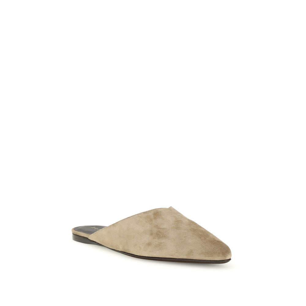 Mules Flat Shoes by Herbert Levine for women in suede calf & goatskin leather beige presents a effortless chic silhouette, showcasing the Women's Suede Calf & Goatskin Leather Mules Flat Shoes design with a effortless chic and for a sophisticated look.