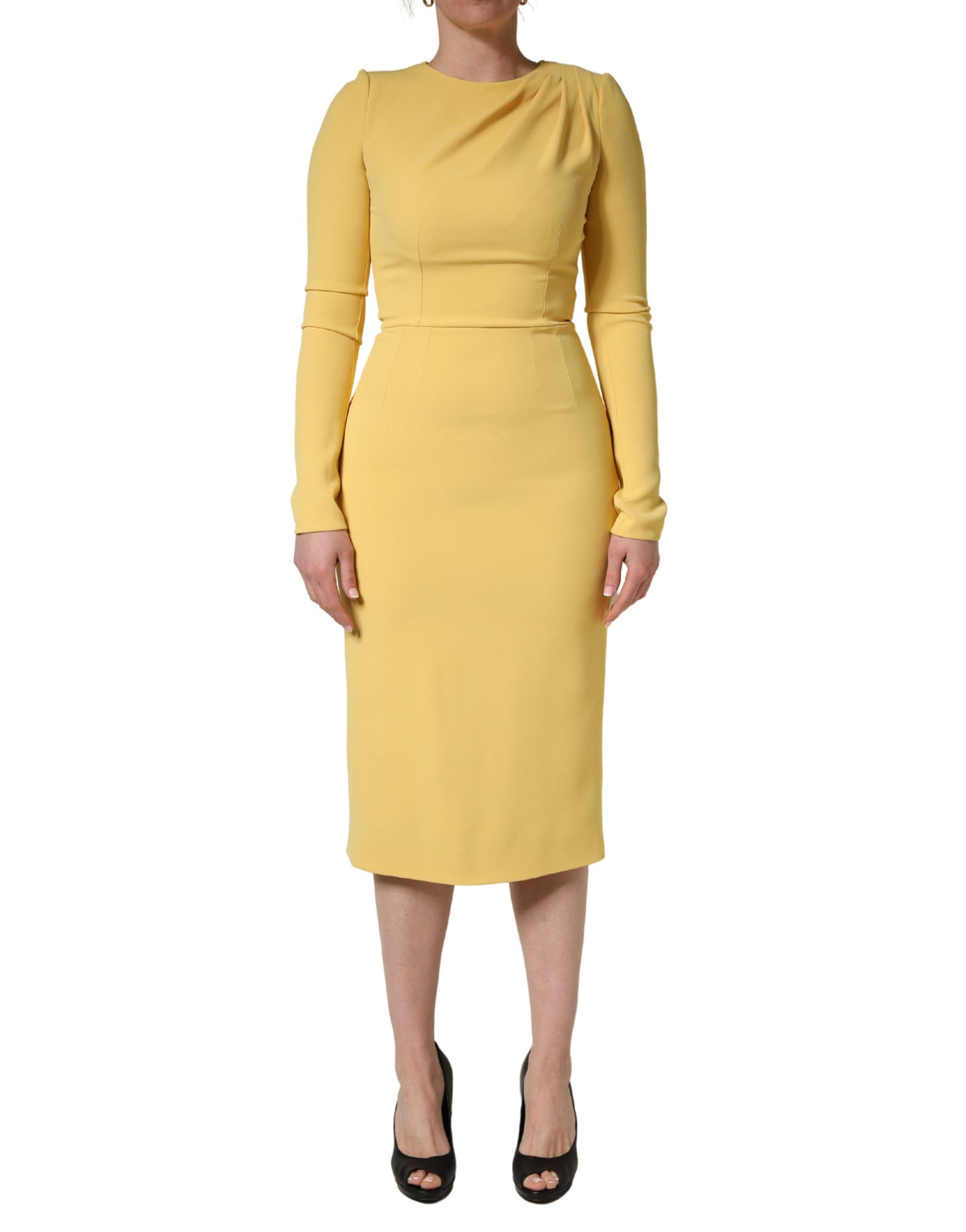 Dolce & Gabbana Women's Sheath Cocktail Long-Sleeve Calf Leather Cotton & Silk Midi Dress - Yellow