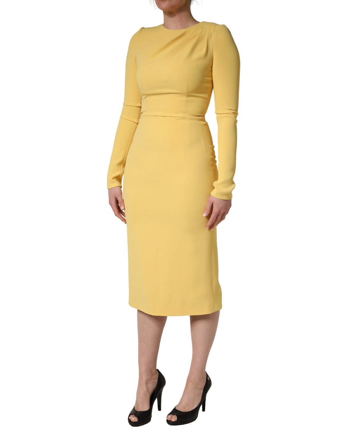 Dolce & Gabbana Women's Sheath Cocktail Long-Sleeve Calf Leather Cotton & Silk Midi Dress - Yellow