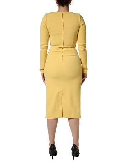 Dolce & Gabbana Women's Sheath Cocktail Long-Sleeve Calf Leather Cotton & Silk Midi Dress - Yellow