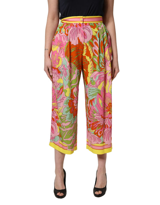 Dolce & Gabbana Women's Wide Cropped High Rise Silk Trousers - Multicolor Patterned Floral