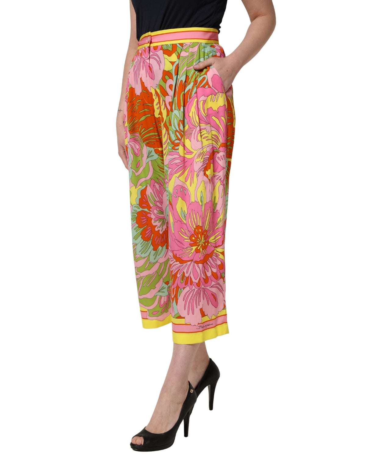 Dolce & Gabbana Women's Wide Cropped High Rise Silk Trousers - Multicolor Patterned Floral