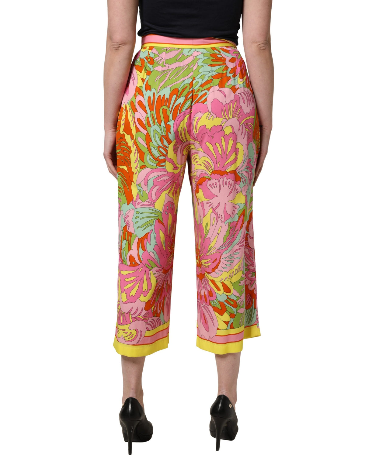 Dolce & Gabbana Women's Wide Cropped High Rise Silk Trousers - Multicolor Patterned Floral
