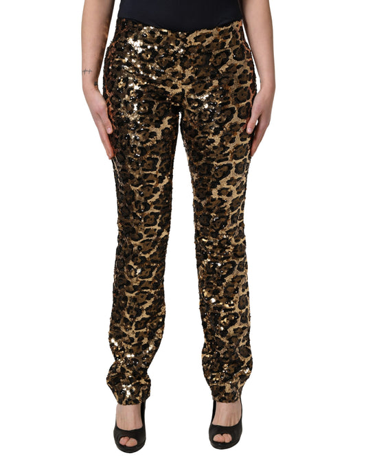 Dolce & Gabbana Women's Straight Mid Rise Polyester Silk & Sequins Casual Pants - Gold Leopard Print Patterned