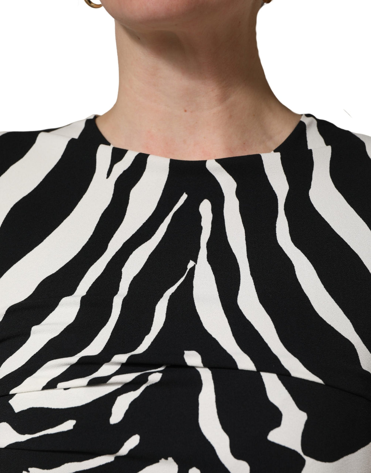 Dolce & Gabbana Women's Sheath Cocktail Sleeveless Silk Viscose & Calf Leather Midi Dress - Black White Zebra Print