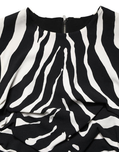 Dolce & Gabbana Women's Sheath Cocktail Sleeveless Silk Viscose & Calf Leather Midi Dress - Black White Zebra Print