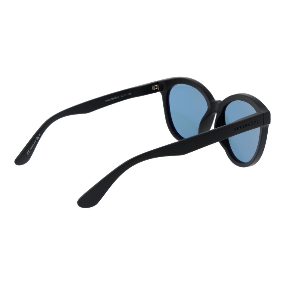 Sunglasses by Serengeti for women in plastic black showcases a ethereal silhouette, featuring black coloured frame full-rim round frame design with photochromatic polarized category-2-medium-tint lens for a ethereal finish.