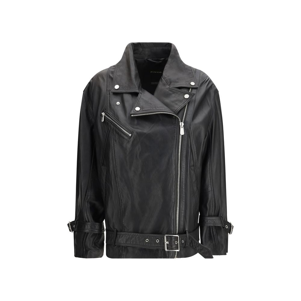 Jacket by PINKO for women in sheep leather black showcases a enveloping silhouette, artfully detailed with a enveloping and premium pockets for a truly enveloping finish.