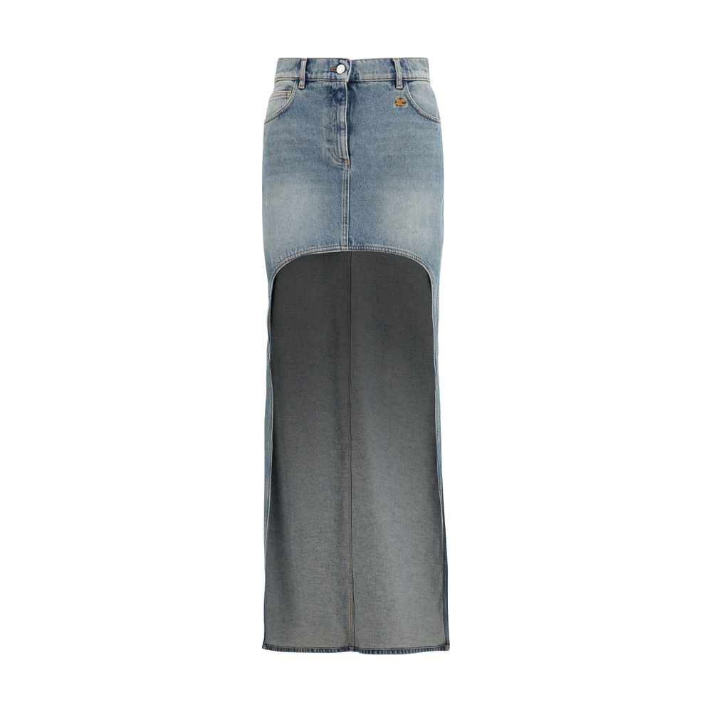 Skirt by Courrèges for women in acetate & cotton denim blue showcases a dramatic silhouette, artfully capturing the essence of the Women's Circle Denim Asymmetrical Acetate & Cotton Long Skirt in a dramatic long cut for a refined look.