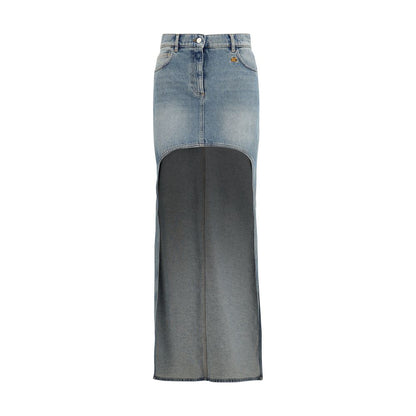 Skirt by Courrèges for women in acetate & cotton denim blue showcases a dramatic silhouette, artfully capturing the essence of the Women's Circle Denim Asymmetrical Acetate & Cotton Long Skirt in a dramatic long cut for a refined look.