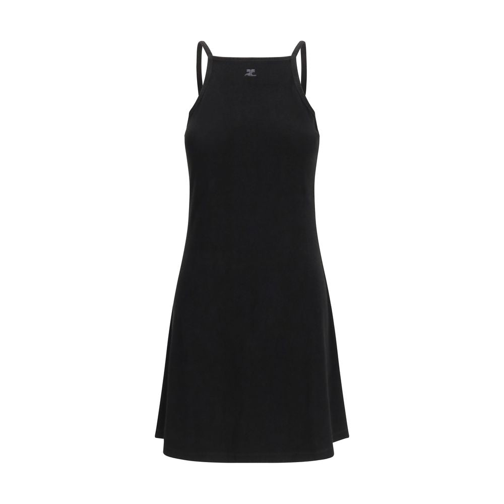Dress by Courrèges for women in polyamide viscose black showcases a striking silhouette, elegantly detailed with a sleeveless, refined square neckline, and a striking short mini for a striking finish.