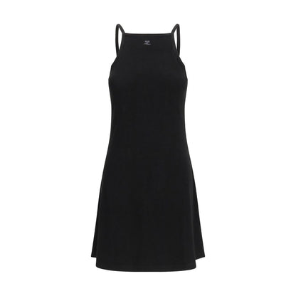 Dress by Courrèges for women in polyamide viscose black showcases a striking silhouette, elegantly detailed with a sleeveless, refined square neckline, and a striking short mini for a striking finish.
