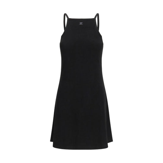 Dress by Courrèges for women in polyamide viscose black showcases a striking silhouette, elegantly detailed with a sleeveless, refined square neckline, and a striking short mini for a striking finish.