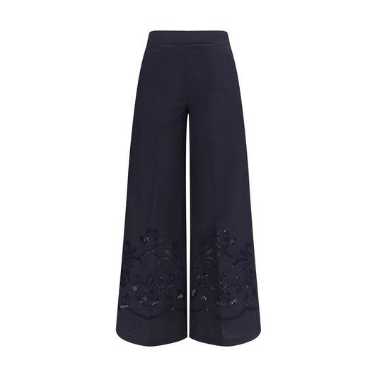 Casual Pants by Forte_Forte for women in cotton & silk blue & floral features an sartorial regular-fit & wide and long with a cut for a sartorial finish.