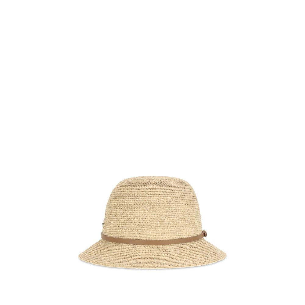 Cloche Hat by Helen Kaminski for women in raffia straw & leather beige showcases a contemporary chic silhouette, artfully capturing the essence of the contemporary chic Raffia Straw & Leather Cloche Hat design for a sophisticated look.