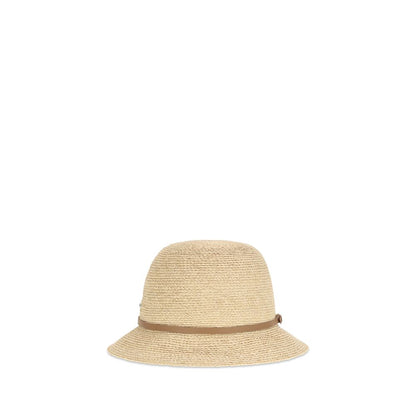 Cloche Hat by Helen Kaminski for women in raffia straw & leather beige showcases a contemporary chic silhouette, artfully capturing the essence of the contemporary chic Raffia Straw & Leather Cloche Hat design for a sophisticated look.